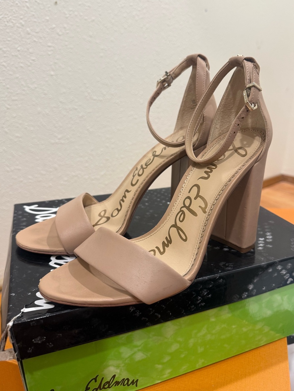 Sam Edelman Nude Blush Ankle-Strap Block Heels Yaro Classic Nude Lea